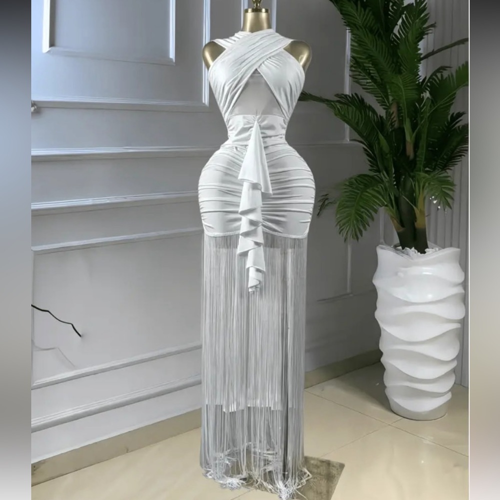 Elegant White Fringe Maxi Dress - Sleeveless Ruched Design